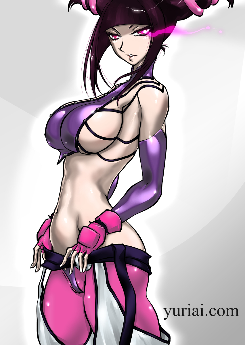 1girl breasts capcom glowing glowing_eyes han_juri highres large_breasts midriff solo street_fighter street_fighter_iv yuri_ai