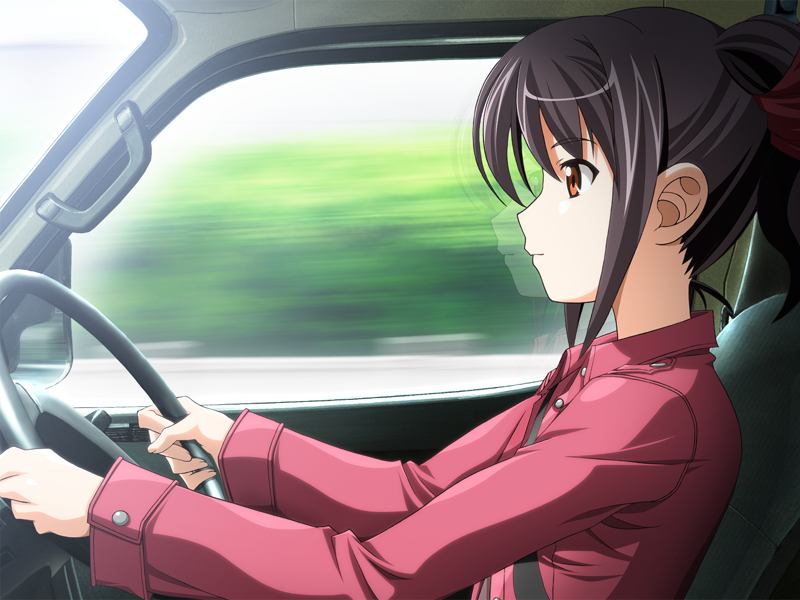 1girl brown_eyes car driving game_cg isurugi_chie katakura_shinji kira_kira motor_vehicle purple_hair vehicle