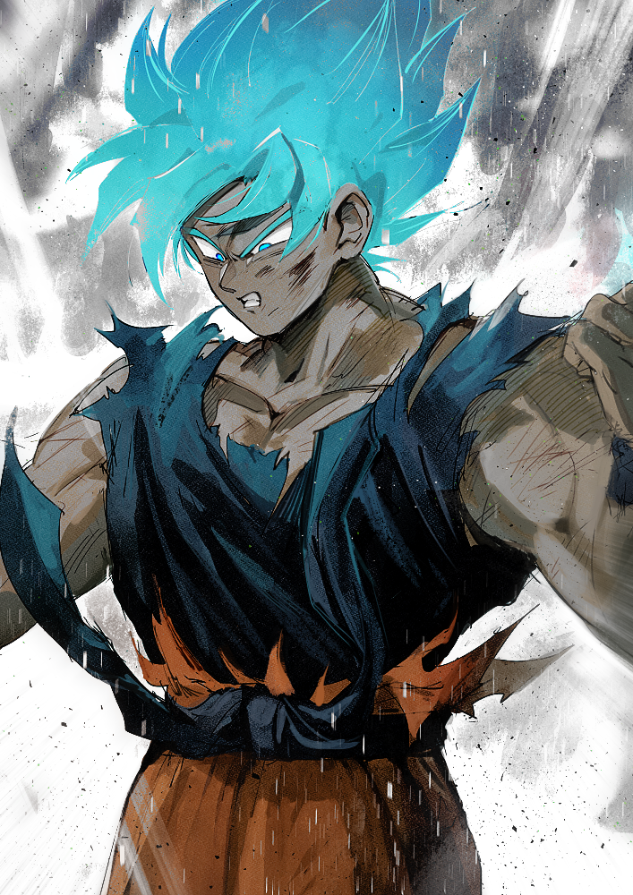1boy aoki_(fumomo) blue_eyes blue_hair blue_shirt clenched_hands clenched_teeth dirty dirty_clothes dirty_face dougi dragon_ball dragon_ball_super dragonball_z frown looking_down male_focus muscle outstretched_arms shirt short_hair son_gokuu spiked_hair standing super_saiyan_blue teeth torn_clothes upper_body wristband