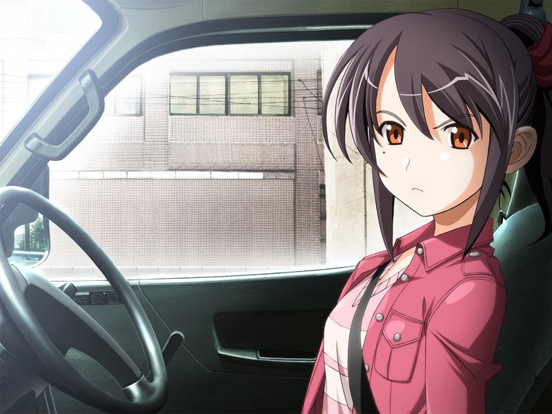 1girl brown_eyes car game_cg isurugi_chie katakura_shinji kira_kira motor_vehicle purple_hair vehicle