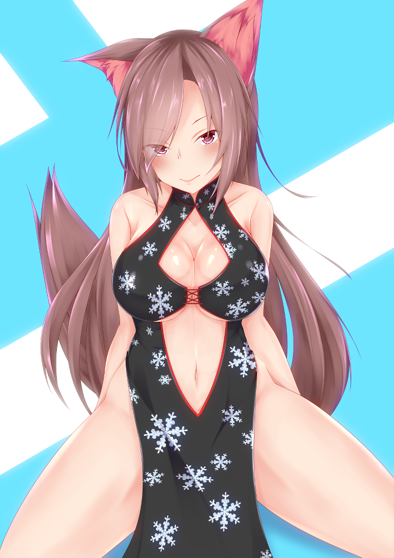 1girl alternate_costume animal_ear_fluff animal_ears bangs bare_arms bare_shoulders black_dress blue_background blush breasts brown_hair china_dress chinese_clothes cleavage cleavage_cutout collarbone commentary_request dress eyebrows_visible_through_hair feet_out_of_frame imaizumi_kagerou large_breasts long_hair looking_at_viewer navel no_panties pelvic_curtain red_eyes shaka_hei sitting sleeveless sleeveless_dress smile snowflake_print solo spread_legs stomach thighs touhou two-tone_background very_long_hair white_background wolf_ears