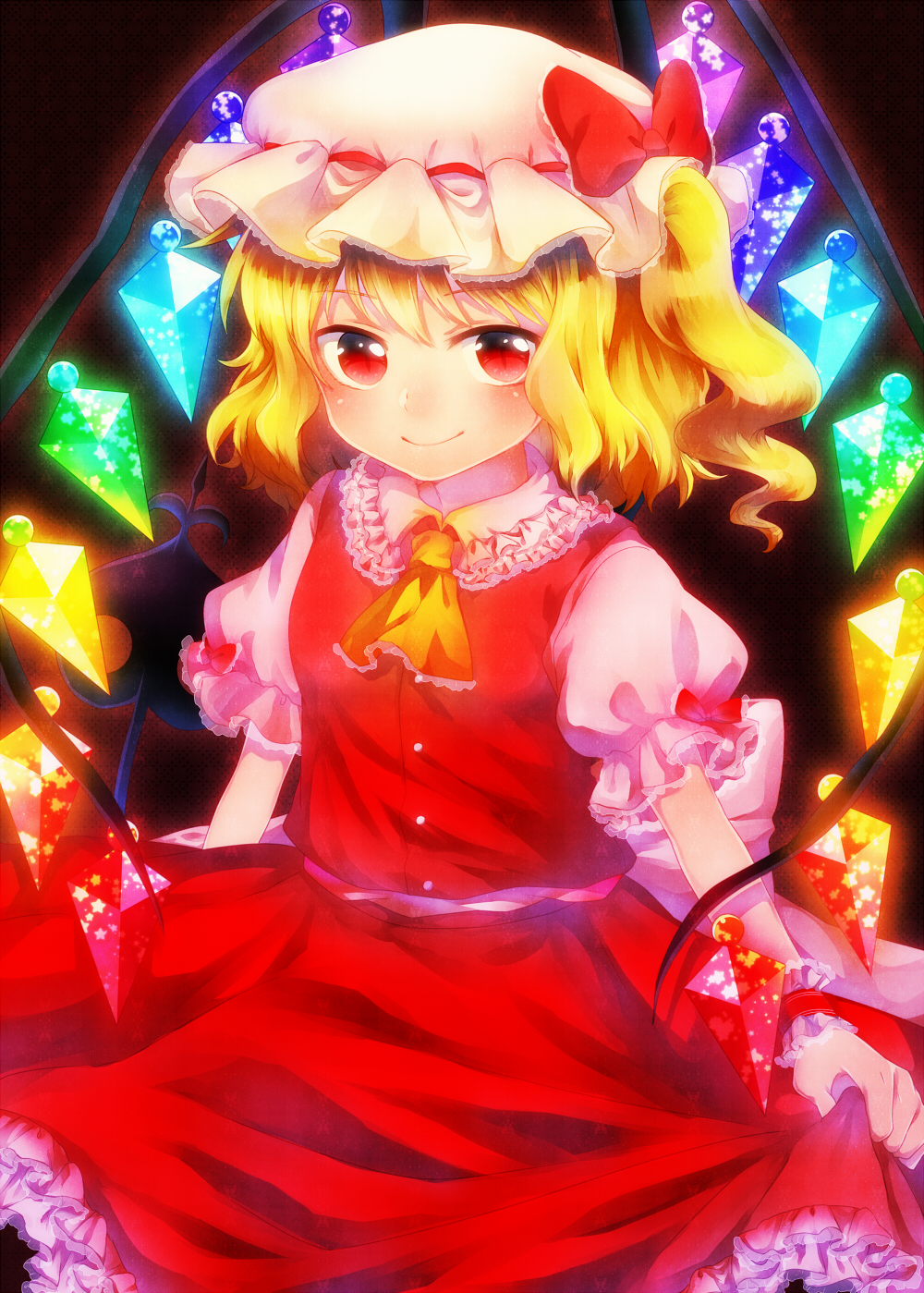 ascot aura bad_id bad_pixiv_id black_background blonde_hair flandre_scarlet hat hat_ribbon highres laevatein looking_at_viewer mob_cap onyuuuu puffy_short_sleeves puffy_sleeves red_eyes ribbon short_hair short_sleeves side_ponytail skirt skirt_hold skirt_set slit_pupils smile solo touhou wings wrist_cuffs
