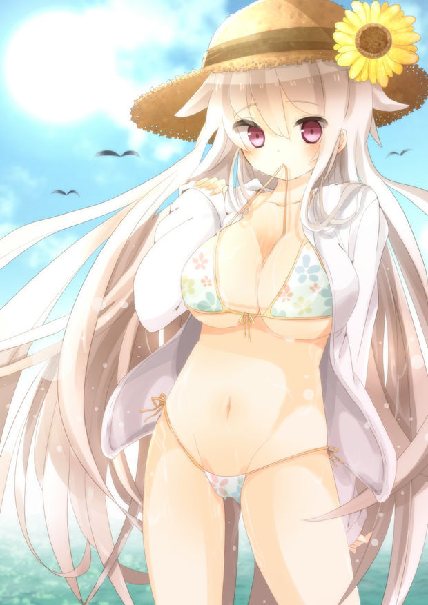 1girl bikini bird breasts cleavage flower hat large_breasts long_hair mhamhr navel ocean open_clothes open_shirt original pink_eyes pool shirt sky solo string_bikini sunflower swimsuit underboob very_long_hair water wet white_hair