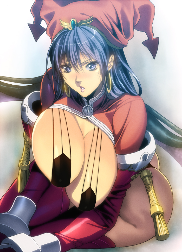 ass bastard!! black_hair blush breasts covered_nipples earrings hat homare_(fool's_art) huge_breasts jester_cap jewelry looking_at_viewer parted_lips porno_dianno purple_eyes revealing_clothes sitting solo thighhighs wings