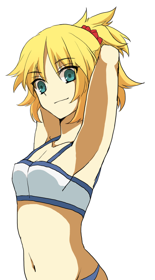 aqua_eyes arms_behind_head blonde_hair fate/apocrypha fate_(series) mordred_(fate) mordred_(fate)_(all) navel ponytail smile upper_body woodrice