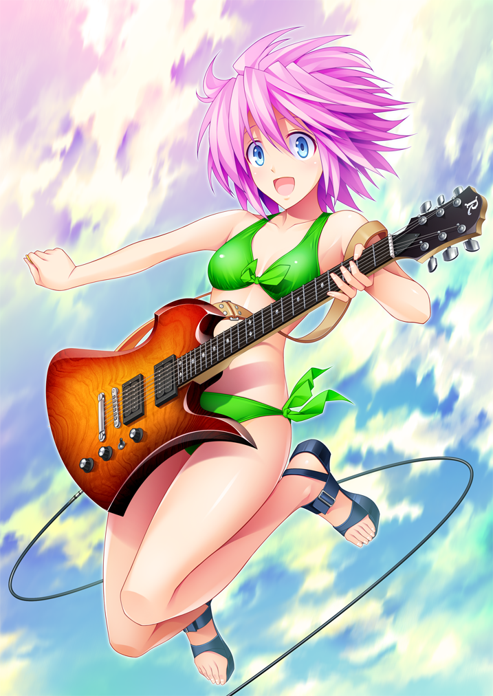 440 b.c._rich bikini blue_eyes blush breasts cleavage front-tie_top guitar instrument jumping navel open_mouth original pink_hair plectrum ribbon sandals short_hair side-tie_bikini small_breasts smile solo swimsuit