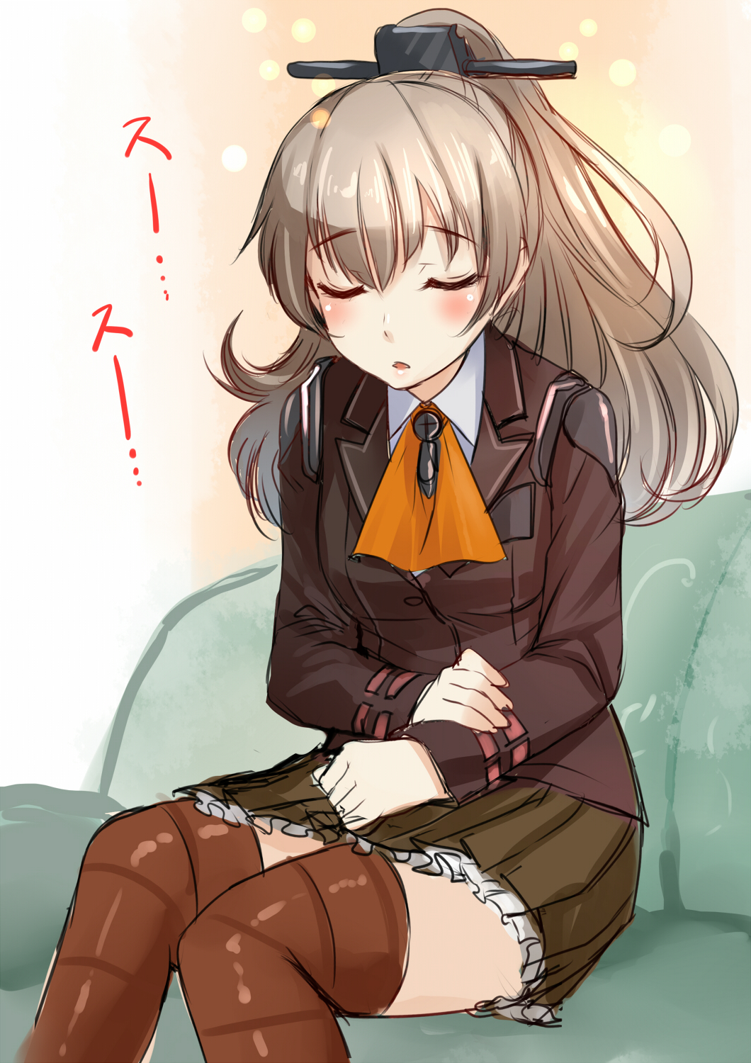 akasaai ascot blush brown_hair couch eyebrows_visible_through_hair highres kantai_collection kumano_(kantai_collection) long_hair military military_uniform orange_neckwear ponytail sitting sleeping sleeping_upright solo uniform