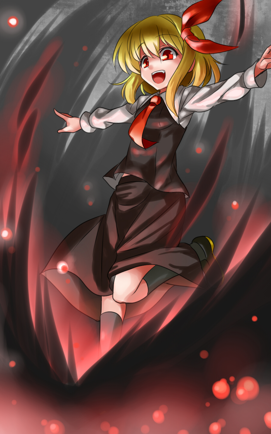 araki_(qbthgry) blonde_hair darkness fang hair_ribbon highres long_sleeves open_mouth outstretched_arms red_eyes ribbon rumia shirt short_hair skirt smile solo touhou vest