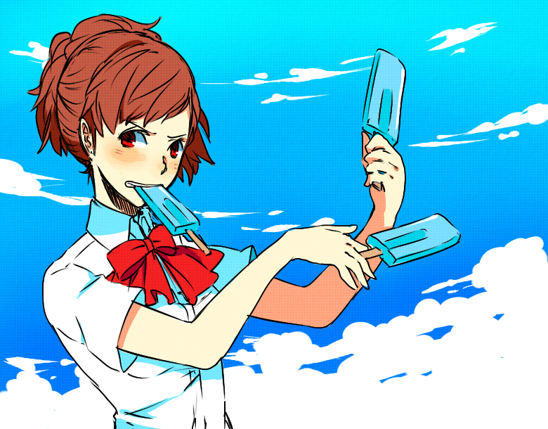 ai-wa blue_sky bow brown_hair dress_shirt dual_wielding duplicate female_protagonist_(persona_3) food food_in_mouth holding looking_at_viewer mouth_hold persona persona_3 persona_3_portable popsicle red_eyes school_uniform shirt short_hair sky solo upper_body