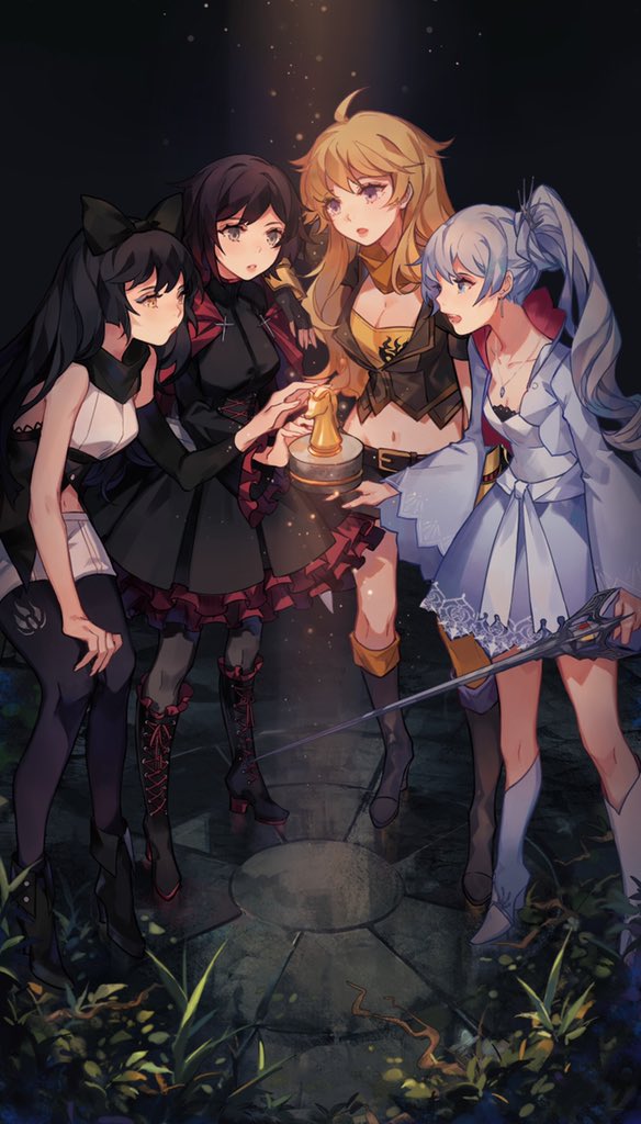 4girls artist_request blake_belladonna breasts cape chess_piece cleavage ember_celica_(rwby) fingerless_gloves floating floating_object gloves jewelry multiple_girls myrtenaster necklace pantyhose ruby_rose rwby thighhighs weiss_schnee yang_xiao_long