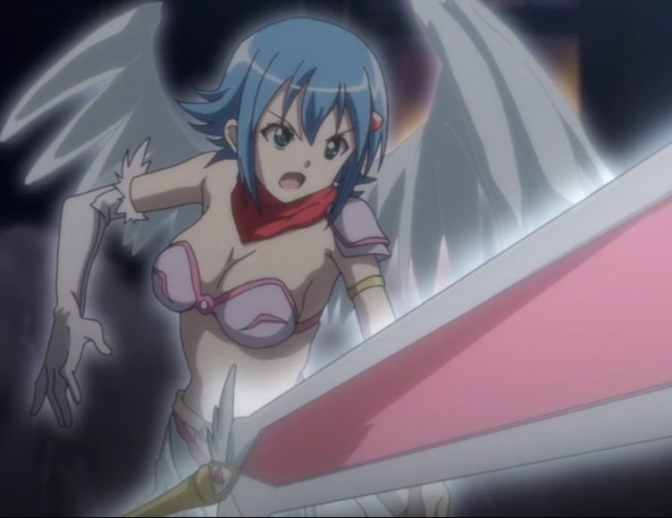 1girl angel armor blue_hair green_eyes nanael queen's_blade queen's_blade queen's_blade_rebellion queen's_blade_vanquished_queens solo sword weapon wings