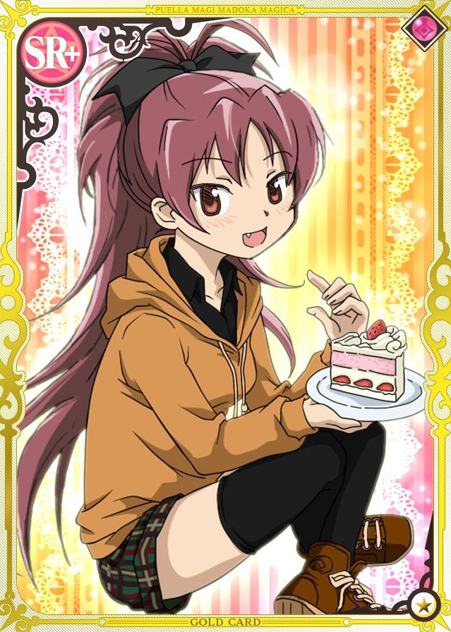 :d alternate_costume artist_request black_legwear bow cake fang food hair_bow long_hair mahou_shoujo_madoka_magica official_art open_mouth ponytail red_eyes red_hair sakura_kyouko sitting smile solo thighhighs