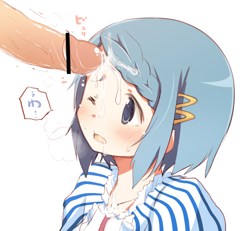 1girl bar_censor blue_eyes blue_hair censor_bar censored cum cum_on_body cum_on_hair cum_on_upper_body facial mahou_shoujo_madoka_magica miki_sayaka open_mouth penis pointless_censoring short_hair yasuio