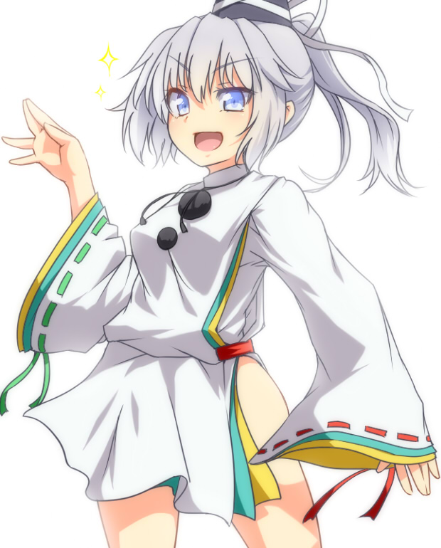 blue_eyes bottomless grey_hair hat japanese_clothes mononobe_no_futo no_pants ponytail solo tate_eboshi thighs tori_(minamopa) touhou wide_sleeves