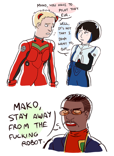 black_hair blonde_hair crossover dark_skin mako_mori mori_mako neon_genesis_evangelion pacific_rim parody plugsuit raleigh_becket stacker_pentecost