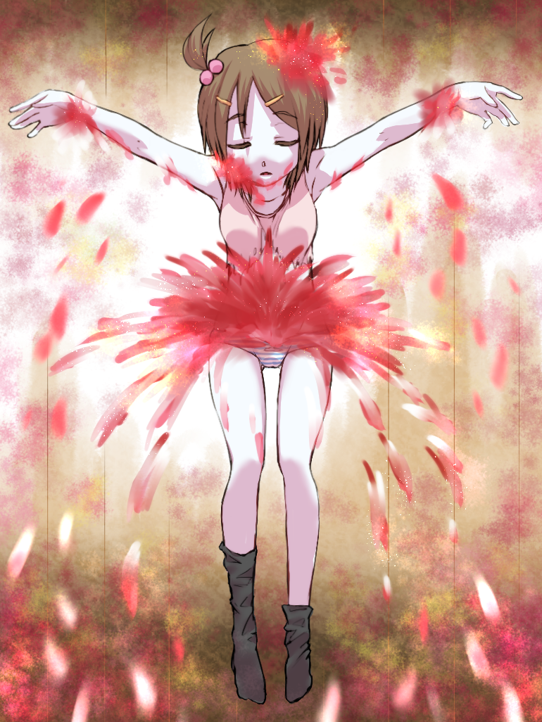 against_wall armpits arms_up artist_request black_legwear blood brown_hair closed_eyes collarbone corpse_party death hair_bobbles hair_ornament hairclip outstretched_arms panties short_hair socks solo spread_arms striped striped_panties suzumoto_mayu torn_clothes underwear white_skin