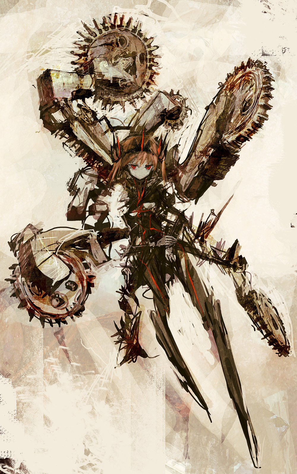 brown_background brown_hair crown cyberpunk cyborg expressionless full_body gears highres lm7_(op-center) looking_at_viewer machinery mechanical original red_eyes red_hair saw_blade science_fiction short_hair simple_background sketch solo spikes