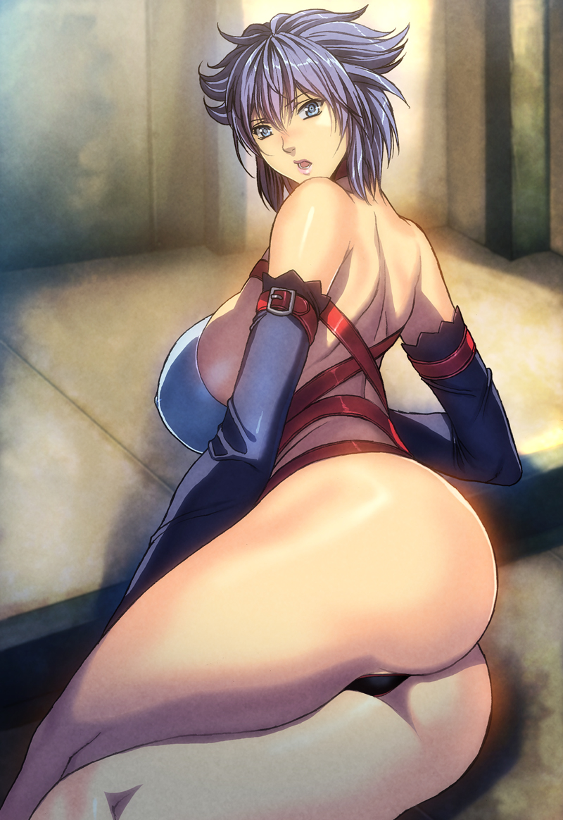 ass bare_shoulders bastard!! blue_eyes blue_hair blush breasts covered_nipples elbow_gloves gloves homare_(fool's_art) kai_harn large_breasts looking_at_viewer looking_back lying on_side open_mouth panties short_hair solo thong underwear