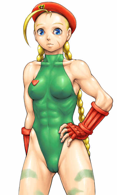 abs antenna_hair beret blonde_hair blue_eyes braid breasts cameltoe cammy_white camouflage collarbone covered_navel covered_nipples green_leotard hand_on_hip hat kari_(artist) leotard long_hair muscle scar skin_tight small_breasts smile solo street_fighter thong_leotard twin_braids