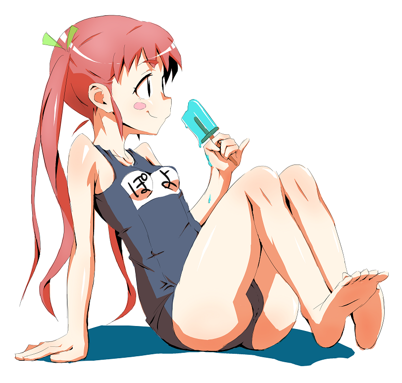barefoot blush blush_stickers feet loli long_hair melting one-piece_swimsuit popsicle red_hair school_swimsuit sitting small_breasts smile soles swimsuit toes twintails very_long_hair