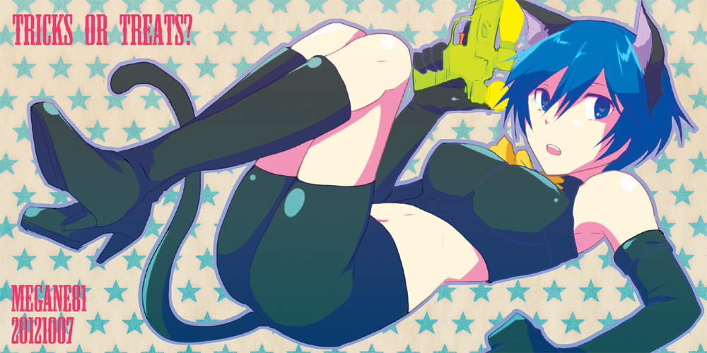animal_ears armpits bare_shoulders bike_shorts blue_eyes blue_hair boots breasts cat_ears cat_tail elbow_gloves gloves high_heels kemonomimi_mode knee_boots large_breasts lying on_back open_mouth persona persona_4 persona_4_the_golden ribbon shinocco shirogane_naoto short_hair solo tail water_gun