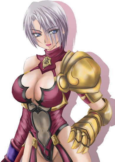 1041_(toshikazu) 1girl blue_eyes breasts cleavage hand_on_hip isabella_valentine purple_hair smile solo soul_calibur soulcalibur_ii very_short_hair