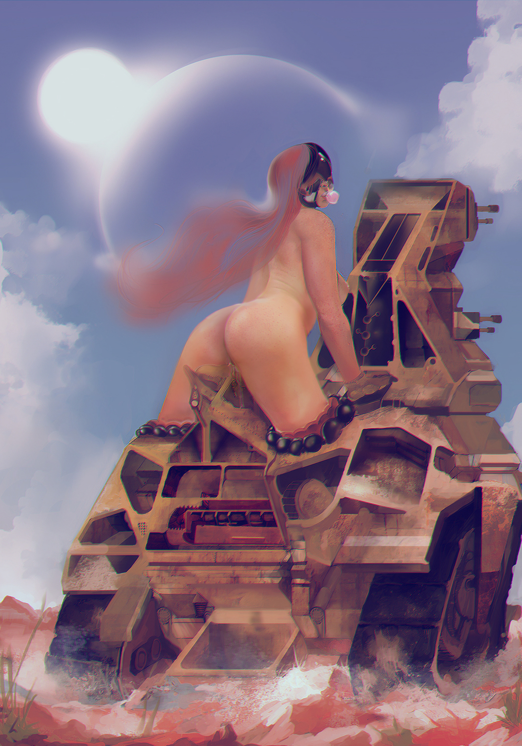 arched_back armored_vehicle ass blue_sky breasts bubble_blowing caterpillar_tracks chewing_gum chromatic_aberration cloud day dust from_behind gloves ground_vehicle highres leaning_forward lips long_hair looking_back mask medium_breasts military military_vehicle motor_vehicle nipples nude object_insertion original outdoors planet pussy_juice realistic red_hair science_fiction sky solo straddling sun turret xatiav