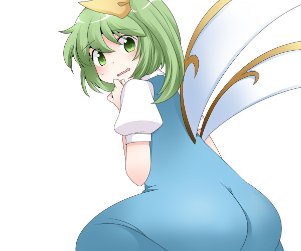 ass back bow commentary daiyousei dress dress_shirt green_hair hair_bow hair_ribbon hammer_(sunset_beach) looking_back open_mouth ribbon shirt short_hair side_ponytail smile touhou wings