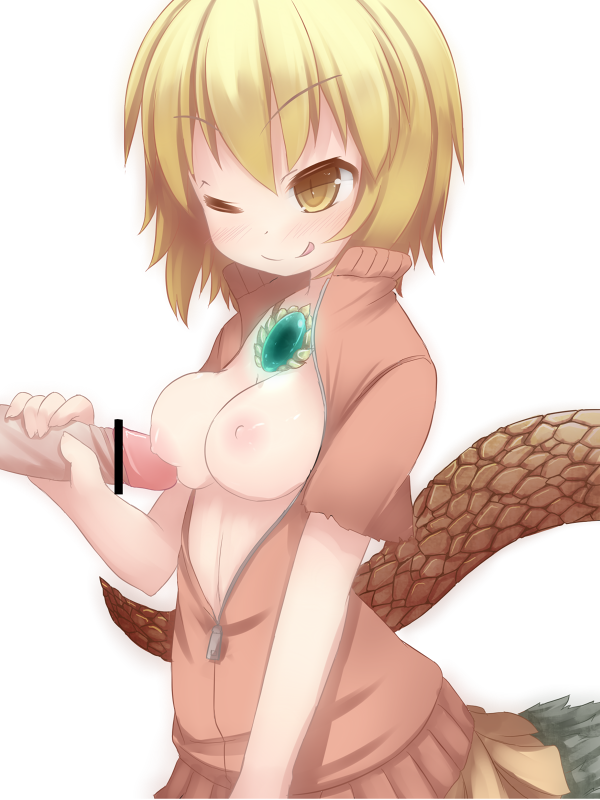 blonde_hair breasts censored medium_breasts nightmare_cat nipples one_eye_closed open_clothes penis pixiv_mahou_gakuen short_hair tail yellow_eyes
