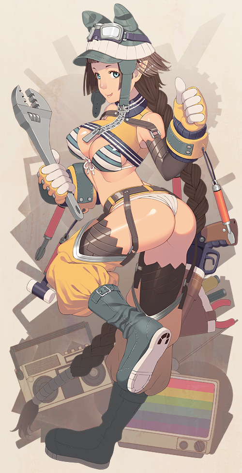 absurdly_long_hair animal_hat ass bad_id bad_pixiv_id bikini bikini_top blue_eyes boombox boots braid breasts brown_hair cat_hat cleavage crop_top crt elbow_gloves front-tie_bikini front-tie_top full_body gloves goggles goggles_on_head gun hat holster long_hair mallet medium_breasts ogino_(oginogino) original panties screwdriver single_braid smile solo striped striped_bikini swimsuit television thighhighs thong thumbs_up underwear very_long_hair weapon wrench zipper