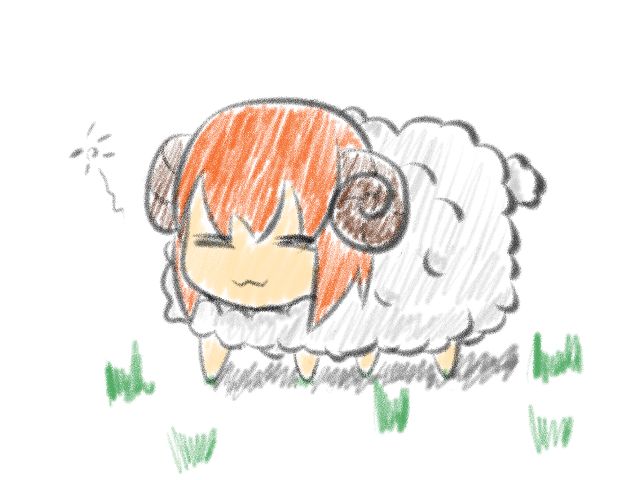 closed_eyes copyright_request horns moodycat orange_hair sheep sheep_horns short_hair simple_background solo white_background
