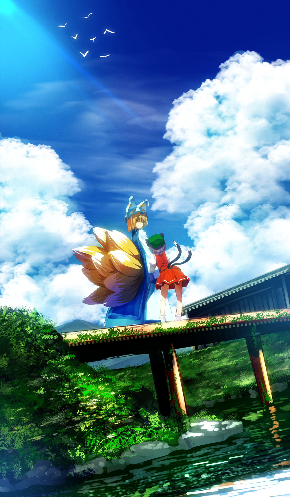 animal_ears bird blonde_hair blue_sky bridge brown_hair cat_ears cat_tail chen closed_eyes cloud day dress fox_tail grass hat highres multiple_girls multiple_tails pillow_hat river ryosios shaded_face short_hair sky smile sunlight tabard tail touhou wall water yakumo_ran