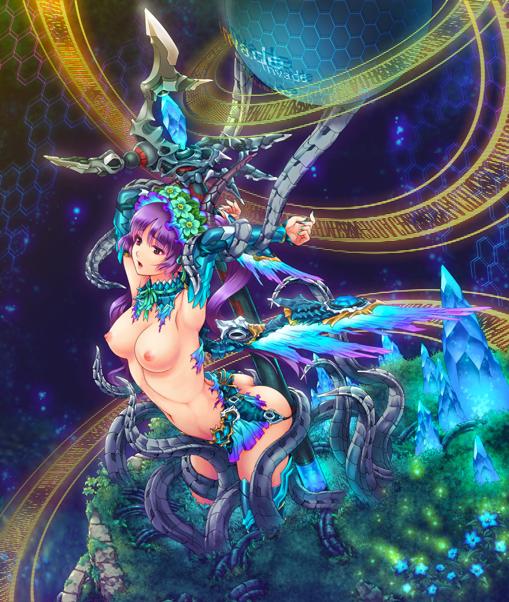 arched_back arm_grab armpits arms_up bad_id bad_pixiv_id bottomless breasts colorful crystal detached_collar english flower from_side grass hair_flower hair_ornament head_wreath hexagon highres leaning_forward long_hair looking_afar medium_breasts nail_polish navel nipples open_mouth original purple_hair red_eyes restrained ribs solo staff tentacles topless torn_clothes toshi twintails vambraces wings