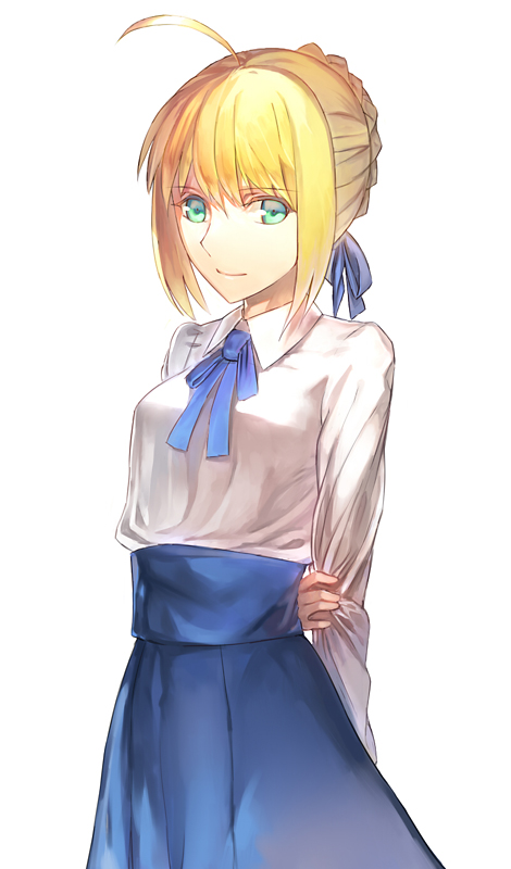 ahoge arms_behind_back artoria_pendragon_(all) blonde_hair casual dress fate/stay_night fate_(series) green_eyes hair_ribbon holding_arm ribbon saber sky341125290 solo