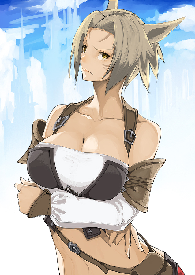 animal_ears armor asanuma bad_id bad_pixiv_id bag blush breast_hold breasts brown_eyes brown_hair buckle cat_ears character_request cleavage facial_mark final_fantasy final_fantasy_xiv frown large_breasts lips midriff miqo'te navel pouch short_hair shoulder_bag solo tan wavy_mouth yellow_eyes