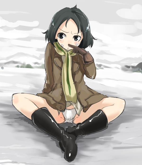 black_hair blush boots brave_witches gloves kanno_naoe military mozu_(peth) panties scarf scratching short_hair sitting solo underwear uniform world_witches_series