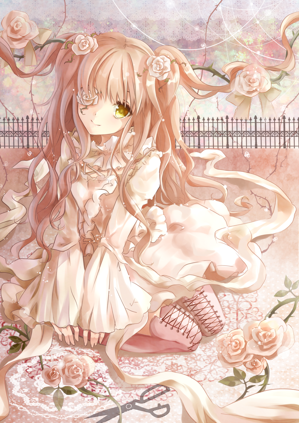 blonde_hair boots dress eyepatch flower highres kirakishou lolita_fashion long_hair plant puracotte rose rozen_maiden scissors seiza sitting solo thigh_boots thighhighs thorns two_side_up very_long_hair vines yellow_eyes