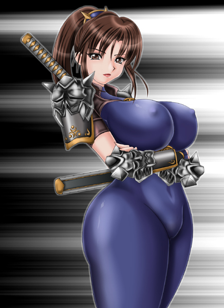 1041_(toshikazu) 1girl armor bodysuit breasts brown_eyes brown_hair covered_nipples erect_nipples large_breasts long_hair looking_at_viewer navel ninja no_mask ponytail skin_tight skintight solo soul_calibur soulcalibur_iii standing taki taki_(soulcalibur)