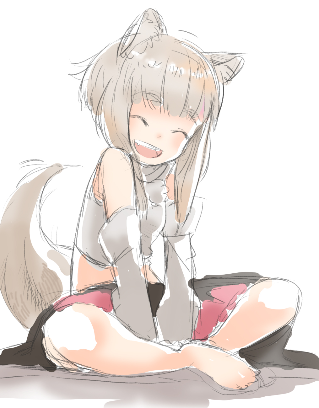^_^ animal_ears bad_id bad_pixiv_id barefoot closed_eyes highres indian_style inubashiri_momiji no_hat no_headwear potion01 sitting sketch smile solo tail touhou wolf_ears wolf_tail