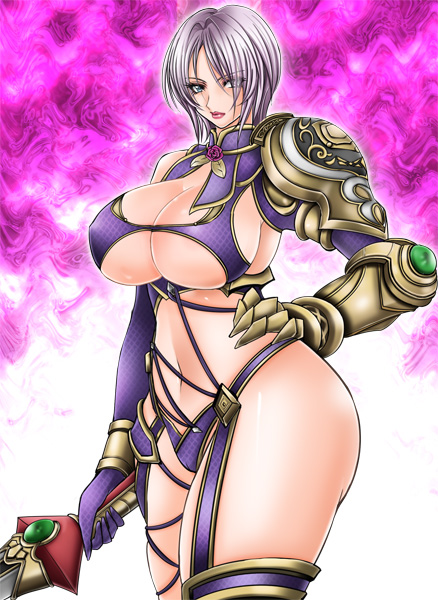 1041_(toshikazu) 1girl blue_eyes breasts cleavage hand_on_hip huge_breasts isabella_valentine looking_at_viewer navel purple_hair solo soul_calibur soulcalibur_iv standing sword weapon
