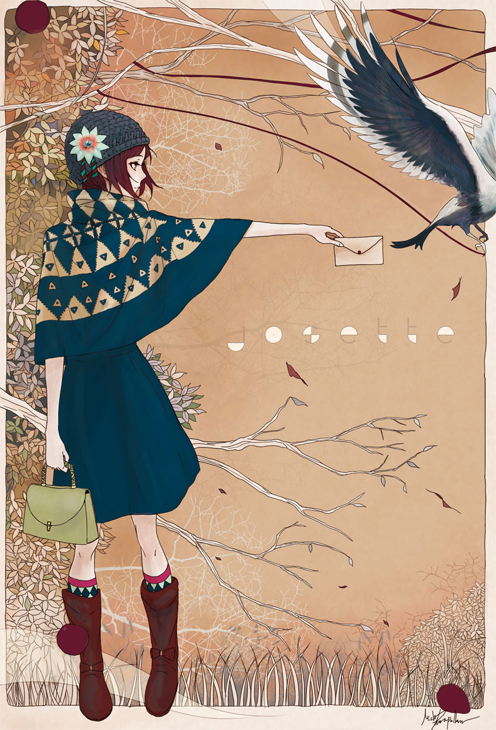 autumn_leaves bag beanie bird boots flower handbag hat hat_flower highres letter original outstretched_arm palow profile red_hair shawl short_hair signature socks tree