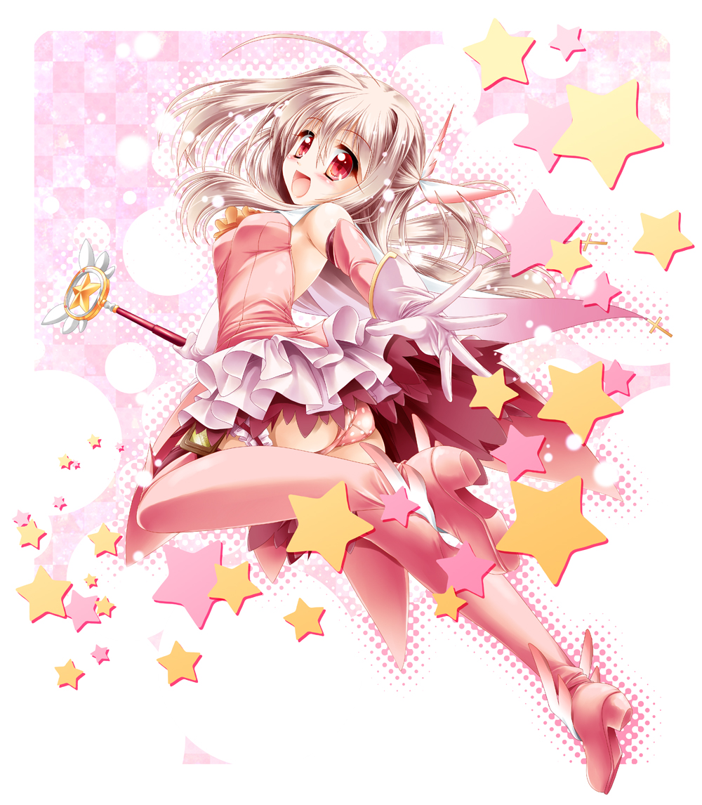 boots checkered checkered_background fate/kaleid_liner_prisma_illya fate_(series) feathers gloves holding holding_wand illyasviel_von_einzbern kaleidostick kamiya_tomoe long_hair magical_girl magical_ruby open_mouth panties pink_footwear pink_legwear polka_dot polka_dot_panties prisma_illya red_eyes silver_hair solo star thigh_boots thighhighs underwear wand