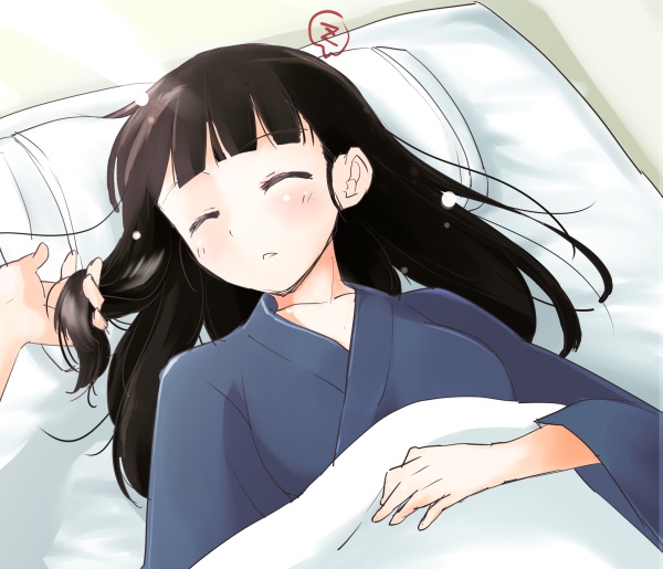 :o black_hair blush closed_eyes futon hand_in_hair japanese_clothes long_hair lying mozu_(peth) on_back pillow sakamoto_mio sleeping solo_focus strike_witches world_witches_series zzz