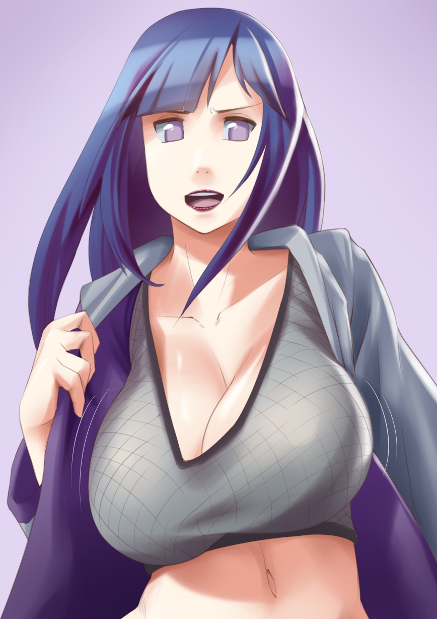 blue_hair bouncing_breasts breasts cleavage collarbone fishnets highres hood hoodie huge_breasts hyuuga_hinata lipstick long_hair makeup maydrawfag midriff naruto naruto:_road_to_ninja naruto_(series) naruto_shippuuden navel no_bra open_clothes open_hoodie open_mouth purple_eyes solo unaligned_breasts undressing