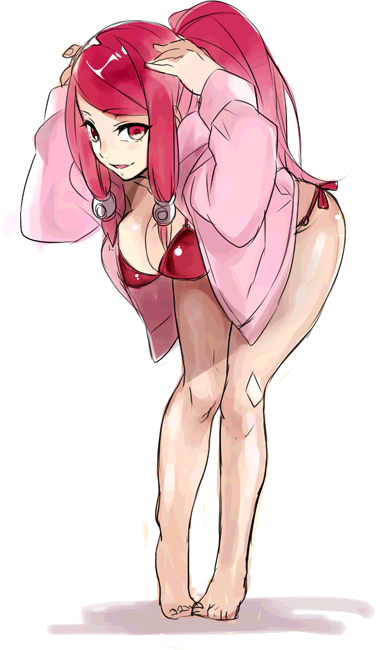 bad_id bad_pixiv_id barefoot bent_over bikini blazblue breasts cleavage hair_tubes hood hoodie hyakuhachi_(over3) izayoi_(blazblue) large_breasts long_hair open_clothes open_hoodie ponytail red_eyes red_hair side-tie_bikini solo swimsuit
