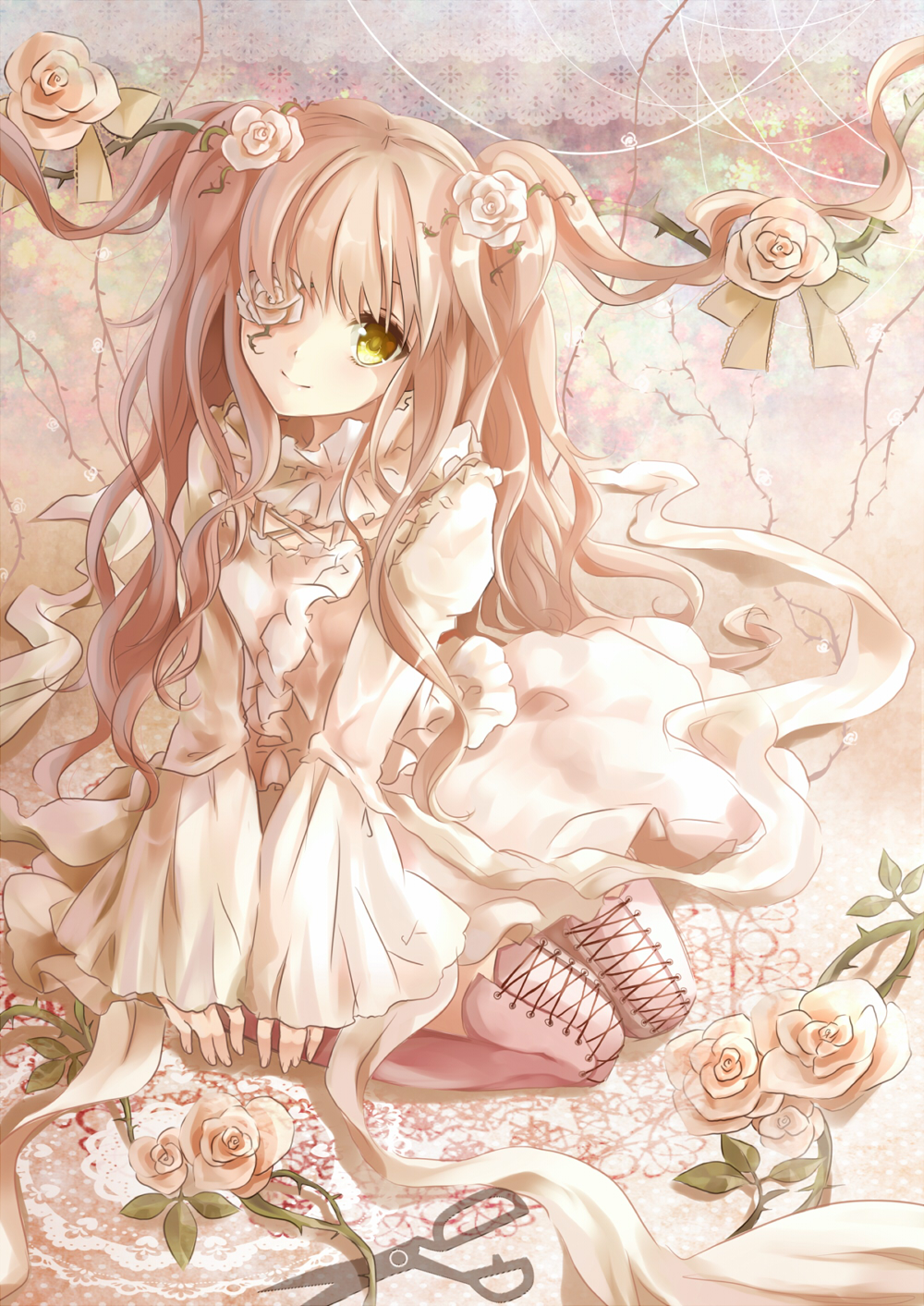 bad_id bad_pixiv_id blonde_hair boots dress eyepatch flower highres kirakishou lolita_fashion long_hair plant puracotte rose rozen_maiden scissors seiza sitting solo thigh_boots thighhighs thorns two_side_up very_long_hair vines yellow_eyes