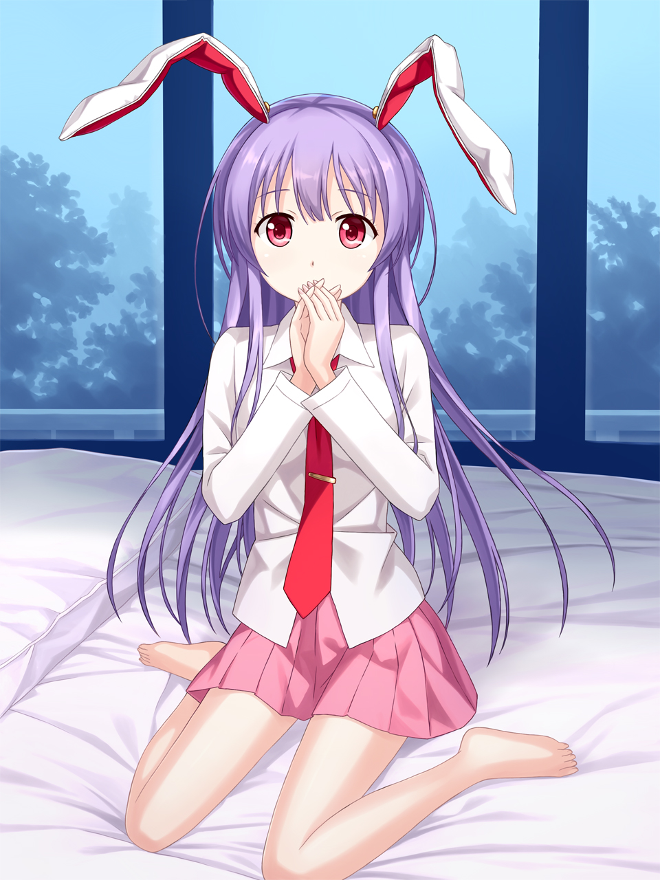 animal_ears barefoot bunny_ears covering_mouth highres indoors long_hair long_sleeves looking_at_viewer necktie on_bed pillow pink_eyes purple_hair red_neckwear reisen_udongein_inaba shirt sitting skirt solo touhou tucana very_long_hair wariza window