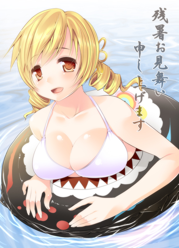 :d bare_shoulders blonde_hair breasts charlotte_(madoka_magica) cleavage drill_hair innertube large_breasts long_hair mahou_shoujo_madoka_magica maki_(seventh_heaven_maxion) open_mouth red_eyes sharp_teeth smile solo teeth tomoe_mami translated twin_drills twintails