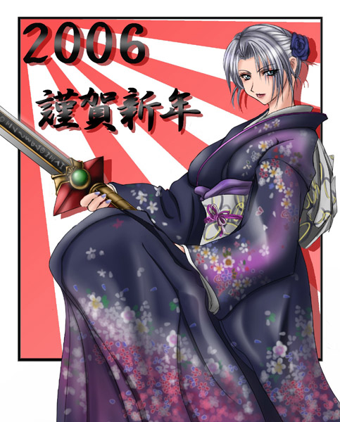 1041_(toshikazu) 1girl 2006 blue_eyes flower grey_hair hair_flower hair_ornament isabella_valentine japanese_clothes looking_at_viewer solo soul_calibur sword weapon