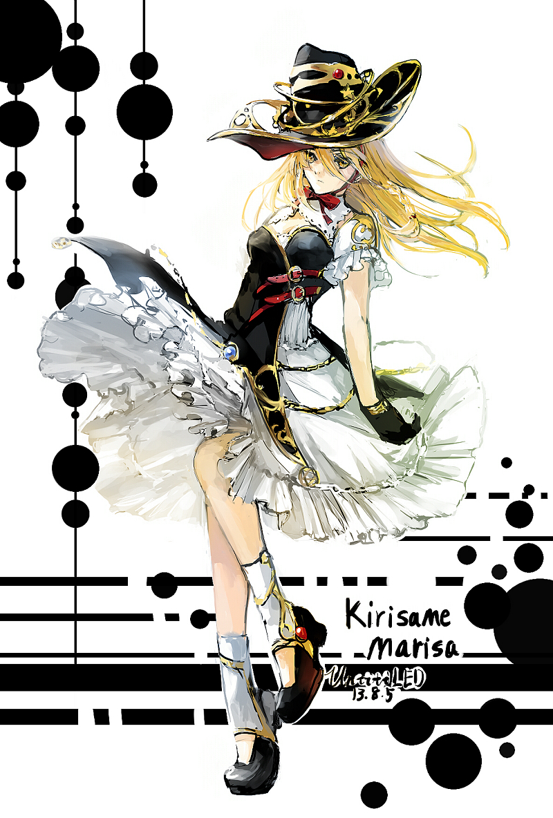 alternate_costume artist_name bad_id bad_pixiv_id black_dress black_gloves blonde_hair character_name dated dress fancybetty frilled_dress frills full_body gloves hat kirisame_marisa legs puffy_short_sleeves puffy_sleeves short_sleeves signature simple_background standing touhou white_background witch_hat yellow_eyes